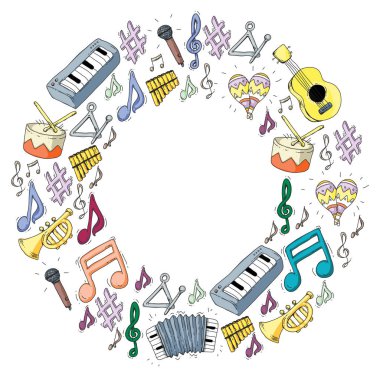 Müzik arka plan desenleri için. Müzik aletleri ile vektör çizim.