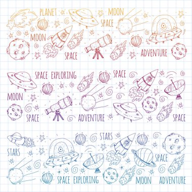 Uzay vektör çizim. Bilim, teknoloji desen. Roket ve uzay.