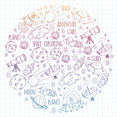 Uzay vektör çizim. Bilim, teknoloji desen. Roket ve uzay.