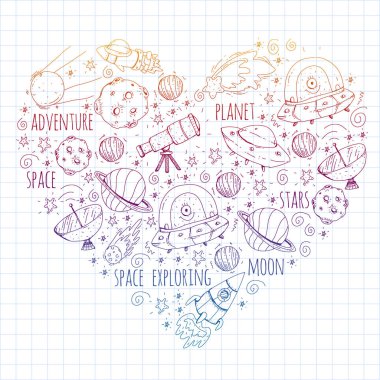 Uzay vektör çizim. Bilim, teknoloji desen. Roket ve uzay.