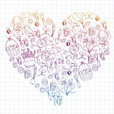 Paskalya vektör çizim. Bahar tasarımı desen için. Tatil dekorasyon için tebrik kartları. Tavşan, tavşan karakteri, yumurta, çiçekler, mevsimlik öğeleri.