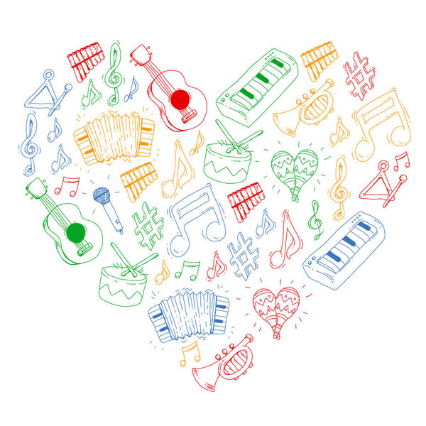 Music background for patterns. Vector illustration with musical instruments.