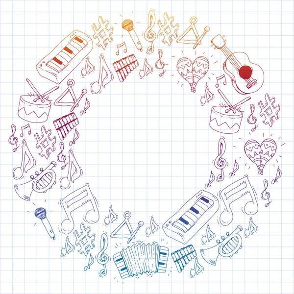 Zenei aláfestés minták. Vektoros illusztráció hangszerek. — Stock Vector