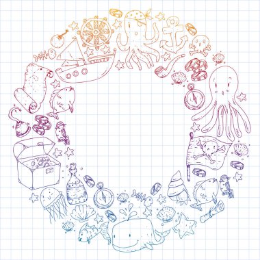 Okyanus ve deniz çocuklar için. Su yaratıklar ile illüstrasyon karikatür. Sevimli balıklar, hayvanlar, hazineler. Çocuklar tatil desen, plaj oyuncakları ve öğeleri.