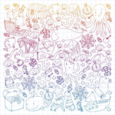 Okyanus ve deniz çocuklar için. Su yaratıklar ile illüstrasyon karikatür. Sevimli balıklar, hayvanlar, hazineler. Çocuklar tatil desen, plaj oyuncakları ve öğeleri.