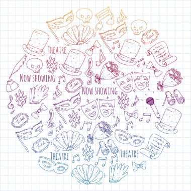 Tiyatro vektör çizim. Entertaiment, sinema, sahne, olay. Afiş, poster için arka plan.