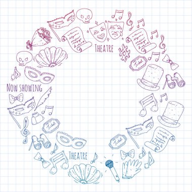 Tiyatro vektör çizim. Entertaiment, sinema, sahne, olay. Afiş, poster için arka plan.