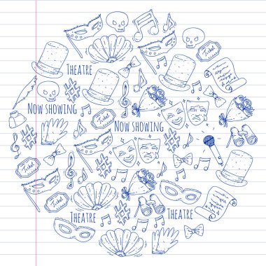 Tiyatro vektör çizim. Entertaiment, sinema, sahne, olay. Afiş, poster için arka plan.