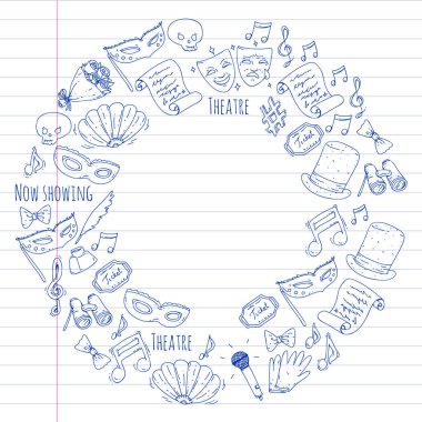 Tiyatro vektör çizim. Entertaiment, sinema, sahne, olay. Afiş, poster için arka plan.