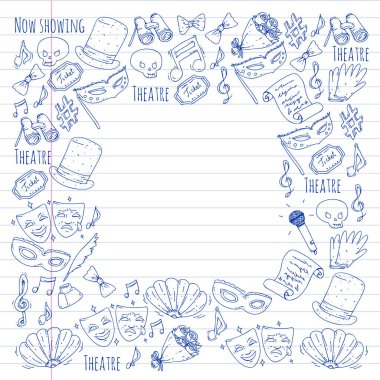 Tiyatro vektör çizim. Entertaiment, sinema, sahne, olay. Afiş, poster için arka plan.