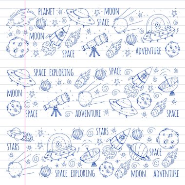 Uzay vektör çizim. Bilim, teknoloji desen. Roket ve uzay.