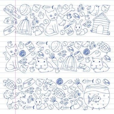 Evde beslenen hayvan dükkan. Vektör çizim hayvanlar, köpek, kedi, balık, kedi, kuş, köpek ile renkli arka plan ile. Veteriner Kliniği.