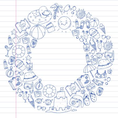 Vektör seamless modeli ile seyahat ve plaj kutsal kişilerin resmi.