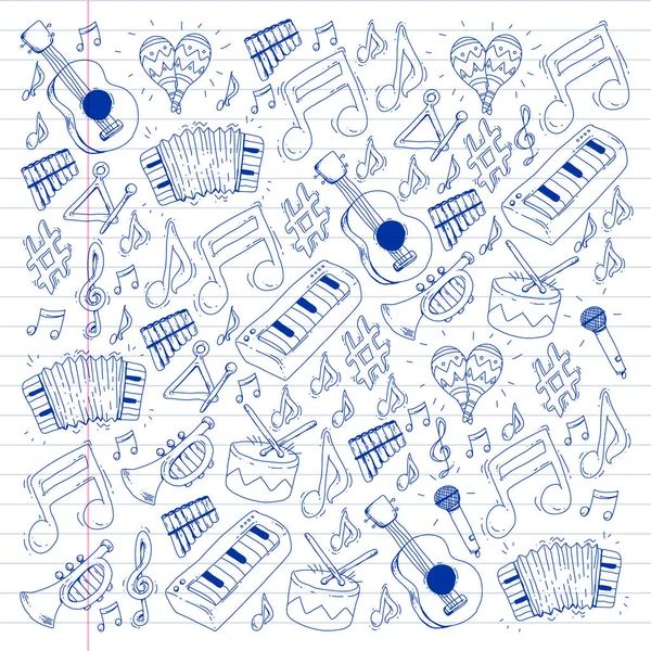 Fundo musical para padrões. Ilustração vetorial com instrumentos musicais . —  Vetores de Stock