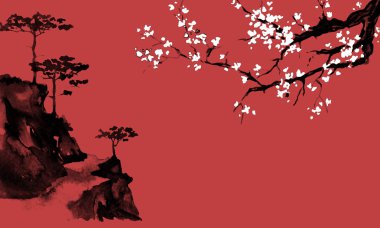 Japonya geleneksel sumi-e boyama. Hint mürekkebi çizimde. Japon resim. Sakura ve dağlar