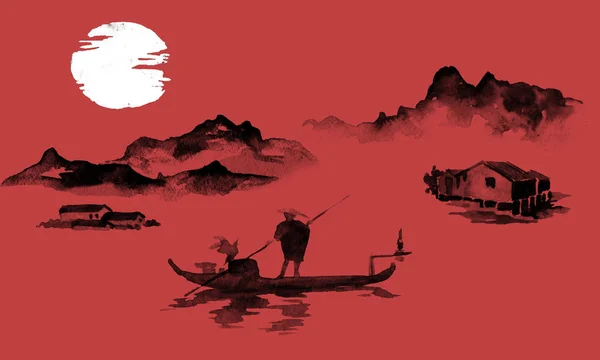 日本伝統的な水墨画。墨の図。男とボート。夕日、黄昏。日本人像. — ストック写真