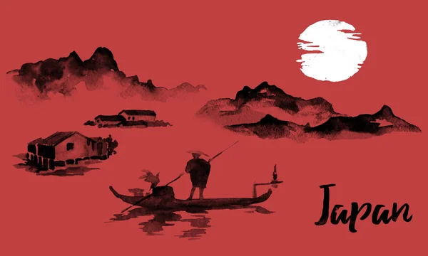 Japan traditionella sumi-e målning. Indian ink illustration. Mannen och båt. Solnedgång, skymning. Japanska bild. — Stockfoto