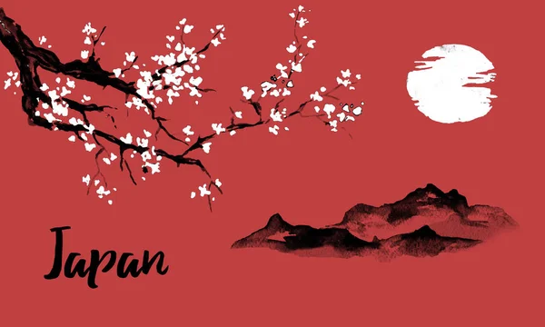 Japonsko tradiční sumi-e obraz. Sakura, třešeň květ. Hory a západ slunce. Ilustrace tuší. Japonský obrázek. — Stock fotografie