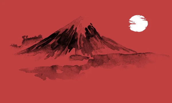 Японская традиционная суми-э живопись. Гора Фуджу. Индийская иллюстрация чернил. Фотография Японии . — стоковое фото