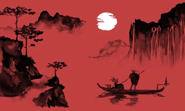 Japanische traditionelle Sumi-e-Malerei. Tintenillustration. Mann und Boot. Sonnenuntergang, Abenddämmerung. japanisches Bild. — Stockfoto