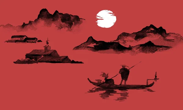 Japón tradicional sumi-e pintura. Ilustración de tinta india. Hombre y barco. Paisaje de montaña. Atardecer, atardecer. Imagen japonesa . — Foto de Stock