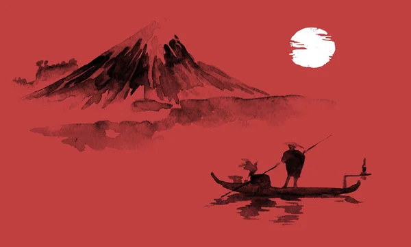 Lukisan tradisional sumi-e Jepang. Ilustrasi tinta India. Manusia dan perahu. Gunung lansekap. Matahari terbenam, senja. Gambar Jepang . — Stok Foto