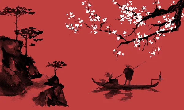 日本伝統的な水墨画。墨の図。男とボート。夕日、黄昏。日本人像. — ストック写真