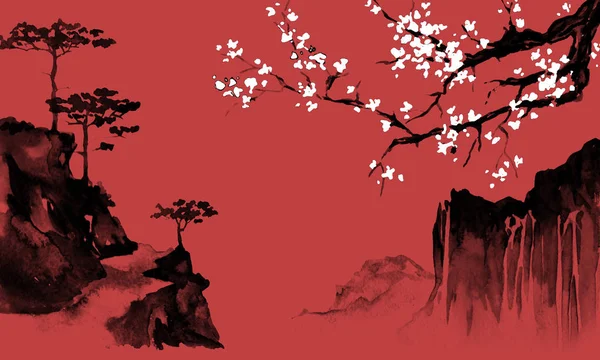 Japonya geleneksel sumi-e boyama. Hint mürekkebi çizimde. Japon resim. Sakura ve dağlar — Stok fotoğraf