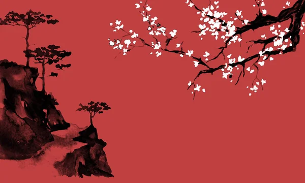 Japonsko tradiční sumi-e obraz. Ilustrace tuší. Japonský obrázek. Sakura a hory — Stock fotografie