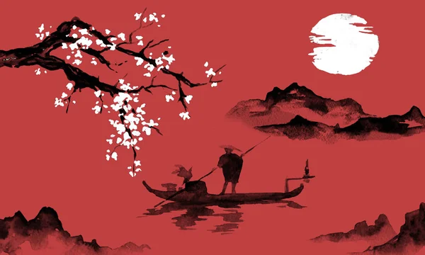Japão pintura tradicional sumi-e. Ilustração de tinta indiana. Homem e barco. Paisagem de montanha com sakura. Pôr do sol, crepúsculo. Imagem japonesa . — Fotografia de Stock