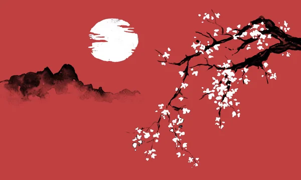 Japão pintura tradicional sumi-e. Ilustração de tinta indiana. Imagem japonesa. Sakura, sol e montanha — Fotografia de Stock
