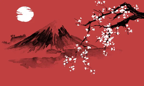 Lukisan tradisional sumi-e Jepang. Ilustrasi tinta India. Foto Jepang. Sakura, matahari dan gunung — Stok Foto