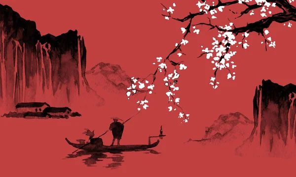 Japan traditional sumi-e painting. Indian ink illustration. Japanese picture. Man, boat, sakura, mountains