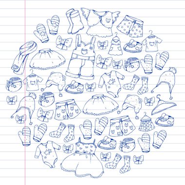 Çocuk kıyafetleri. Bebekler için arka plan, çocuk kalıpları.