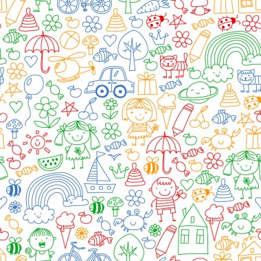 Sevimli çocuk ve oyuncaklar ile anaokulu desen. Stil illüstrasyon çizim çocuklar