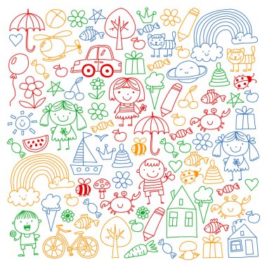 Sevimli çocuk ve oyuncaklar ile anaokulu desen. Stil illüstrasyon çizim çocuklar