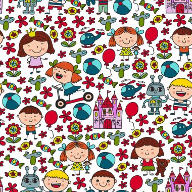 Çocuk oyuncakları ile. Renkli desen anaokulu posterler için.