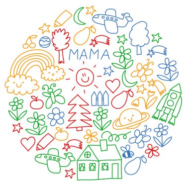 Çizim çocuklar. Renkli vektör desen ile oyuncak, uzay, gezegenler