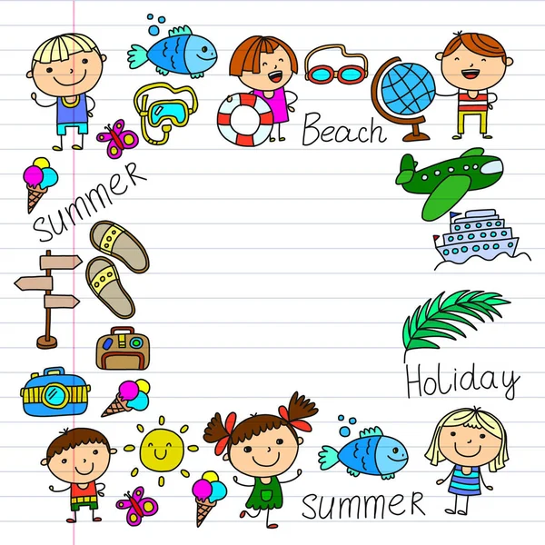 Patrón vectorial con iconos para niños. Vacaciones de verano en la orilla del mar, mar, océano, playa. Niños pequeños divirtiéndose . — Vector de stock