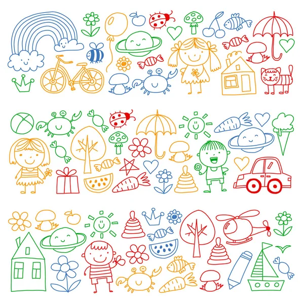 Kleuterschool patroon met schattige kinderen en speelgoed. Kinderen tekenen stijl illustratie — Stockvector