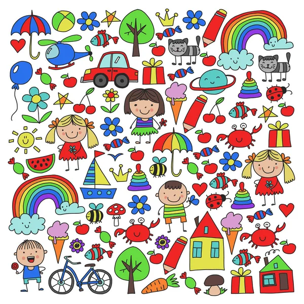 Kindergarten Muster mit niedlichen Kindern und Spielzeug. Kinder zeichnen Stil Illustration — Stockvektor