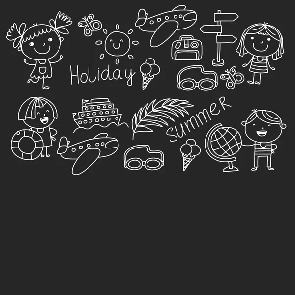 Vector patroon met kinderen pictogrammen. Zomervakantie aan de kust, strand, zee, Oceaan. Kleine kinderen plezier. — Stockvector