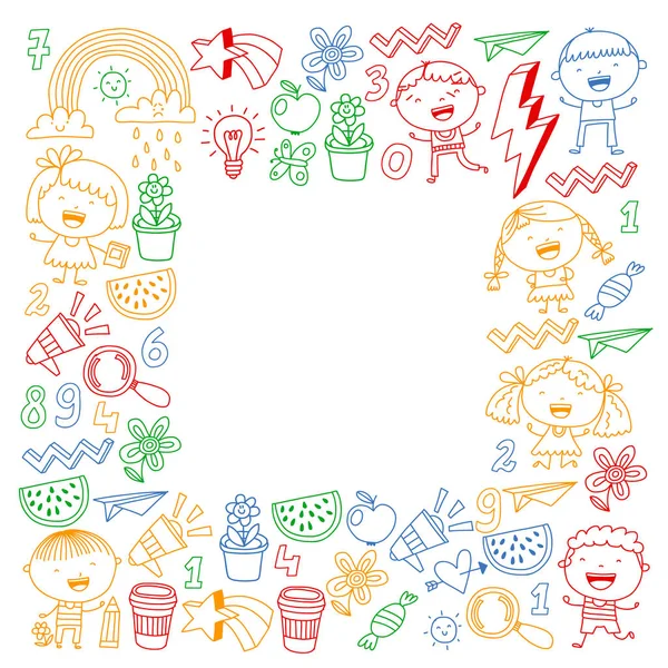 Patrón vectorial con jardín de infantes, escolares. Ilustración niños felices . — Vector de stock