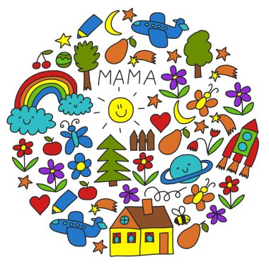 Küçük çocuklar için anaokulu desen. Şirin simgeleri ve karakterleri çocuklar için. Roket, uzay, ay.