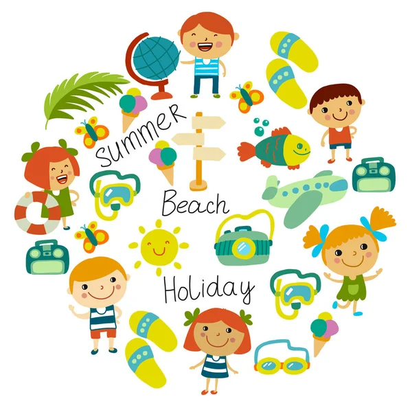 Пляж и дети. Летние каникулы. Океан, море. Дети мультфильмов плавают . — стоковый вектор