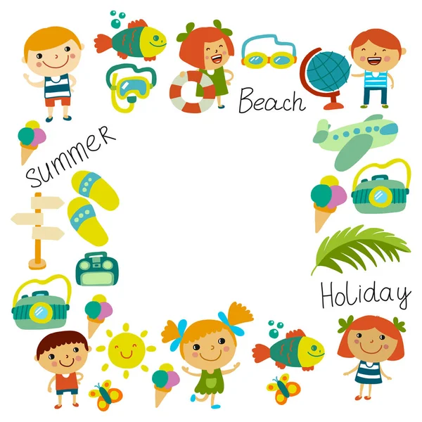 Spiaggia e bambini. Vacanze estive. Oceano, mare. Bambini dei cartoni animati nuotare . — Vettoriale Stock