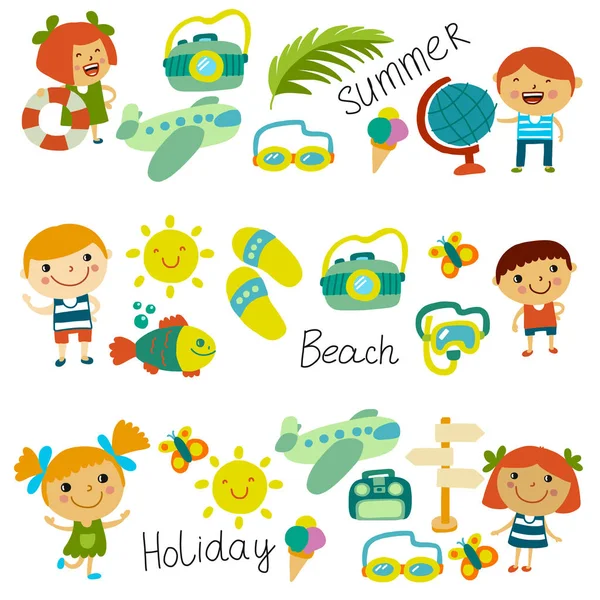 Beach and children. Summer vacation. Ocean, sea. Cartoon kids swimming. — Stock Vector