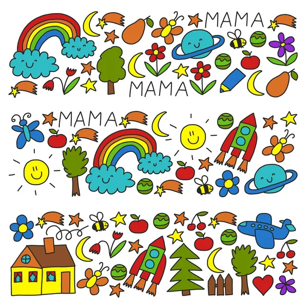 Pola taman kanak-kanak untuk anak kecil. Ikon lucu dan karakter untuk anak-anak. Rocket, ruang, bulan  . Grafik Vektor