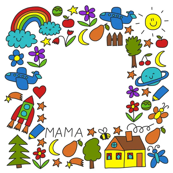 Pola taman kanak-kanak untuk anak kecil. Ikon lucu dan karakter untuk anak-anak. Rocket, ruang, bulan  . Stok Vektor Bebas Royalti