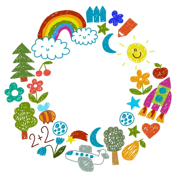 Pola taman kanak-kanak untuk anak kecil. Ikon lucu dan karakter untuk anak-anak. Rocket, ruang, bulan  . Grafik Vektor